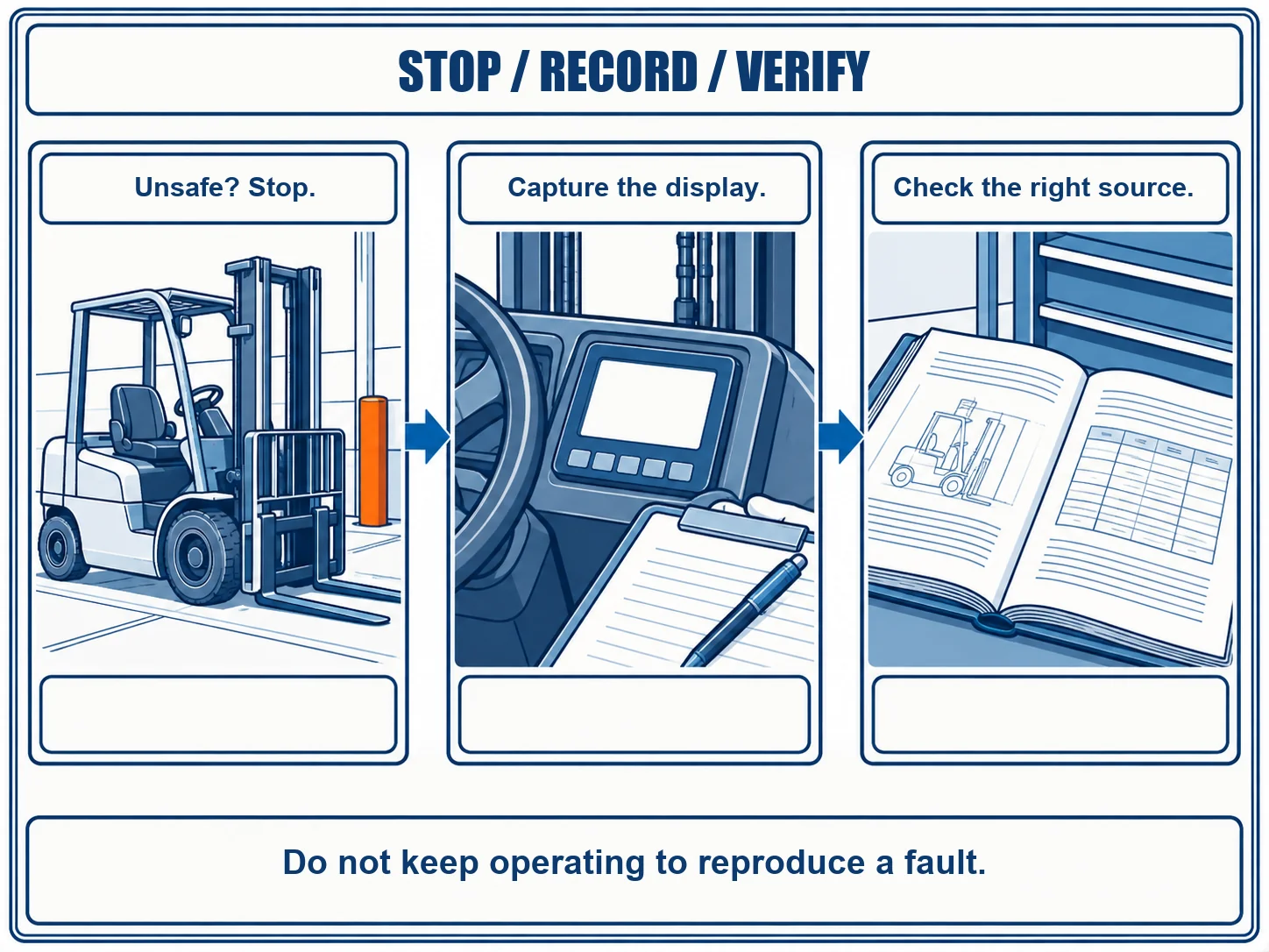 Three-panel blue diagram for Toyota forklift fault codes: stop if unsafe, record the display, and verify the service source.