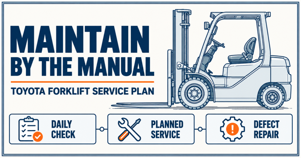 Blue technical line-art forklift beside a three-step Toyota maintenance plan for daily checks, planned service, and defect repair.