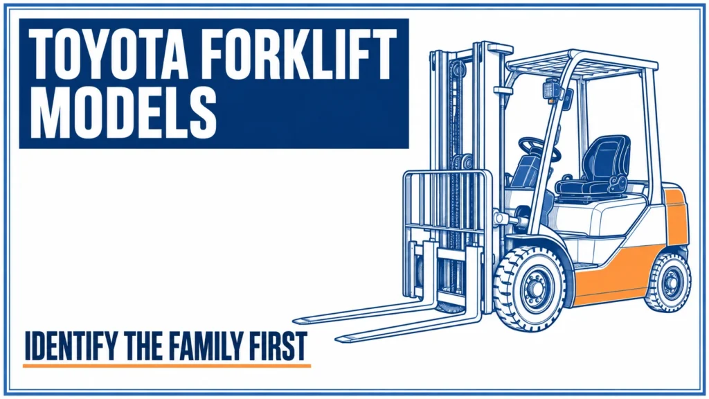 Toyota forklift models cover with a blue engineering line drawing of a generic counterbalance forklift and a family-first identification message.