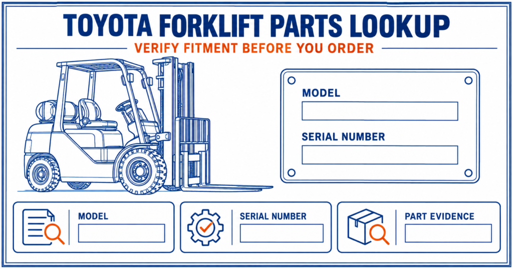 Blue-and-white technical infographic showing a Toyota forklift, model and serial-number identification, and part evidence for a forklift parts lookup.