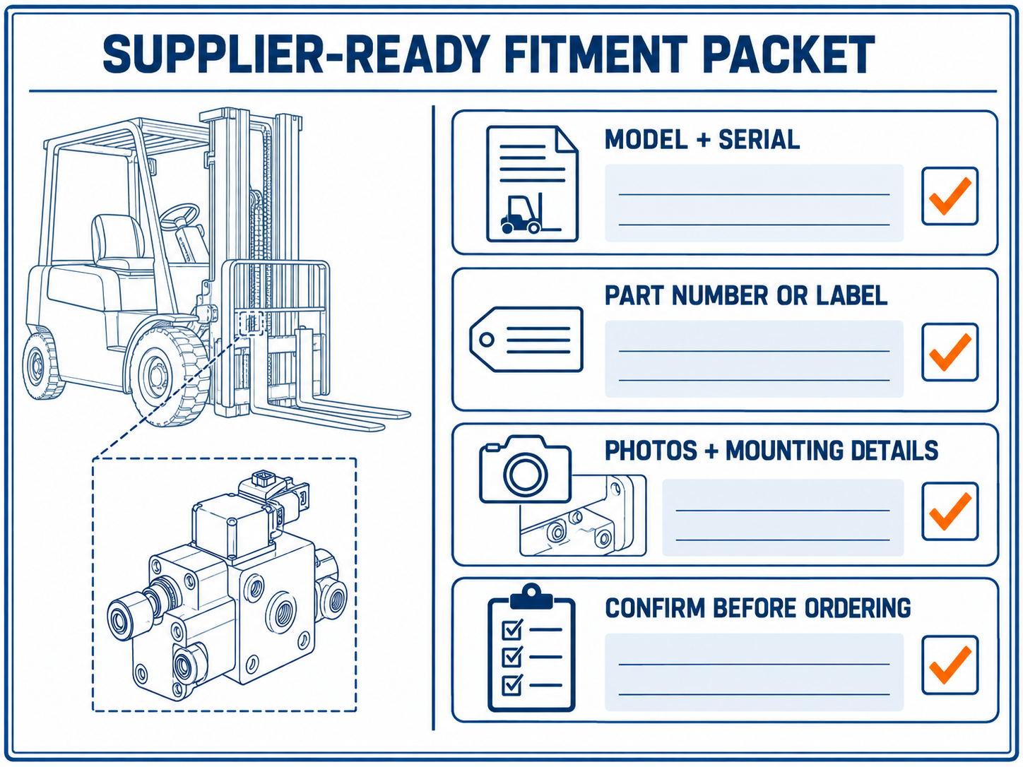 Technical checklist infographic showing the information a buyer should send for Toyota forklift parts fitment review.