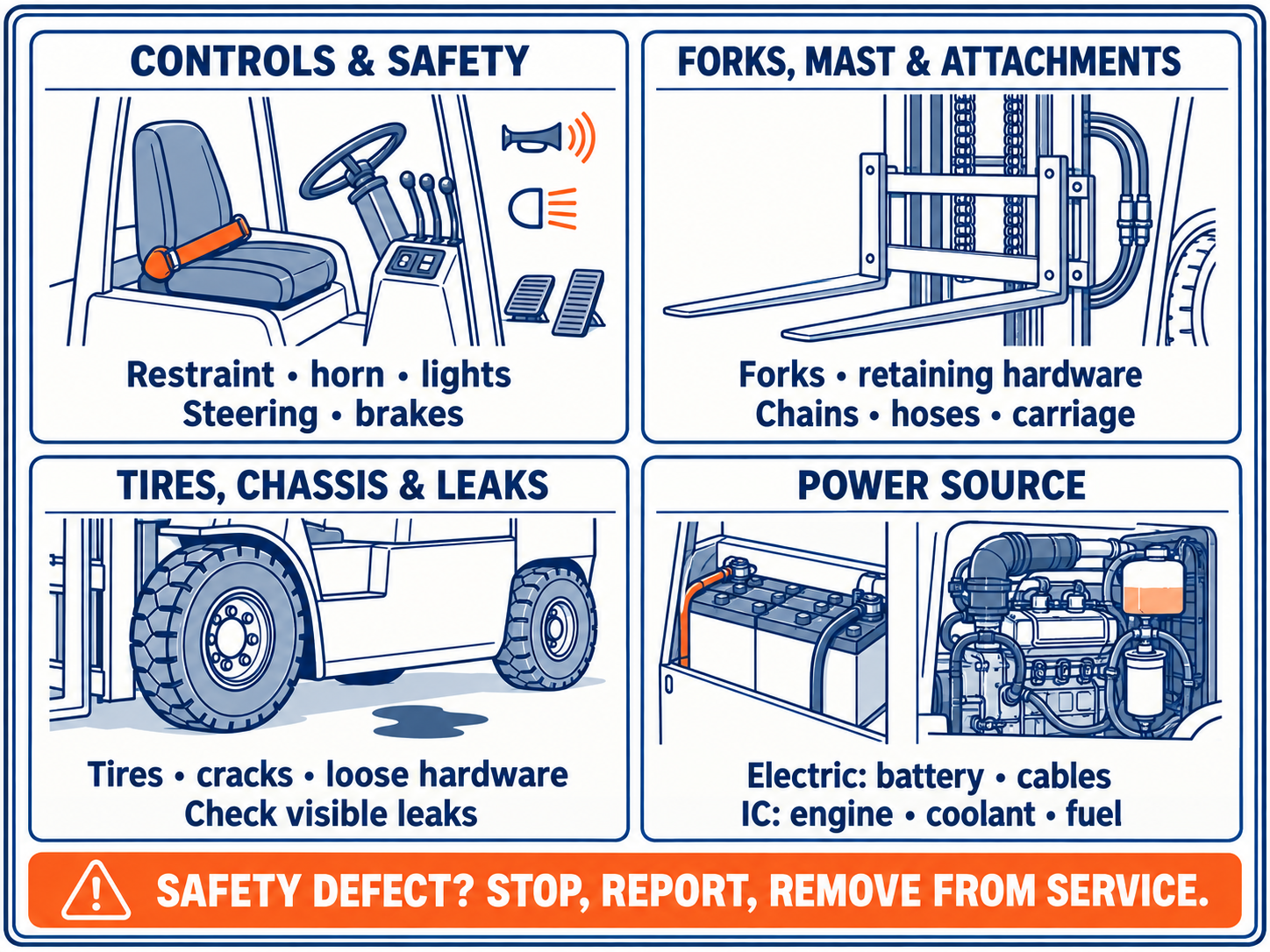 Four illustrated forklift pre-shift inspection groups cover controls and safety, forks and mast, tires and leaks, and power-source items.