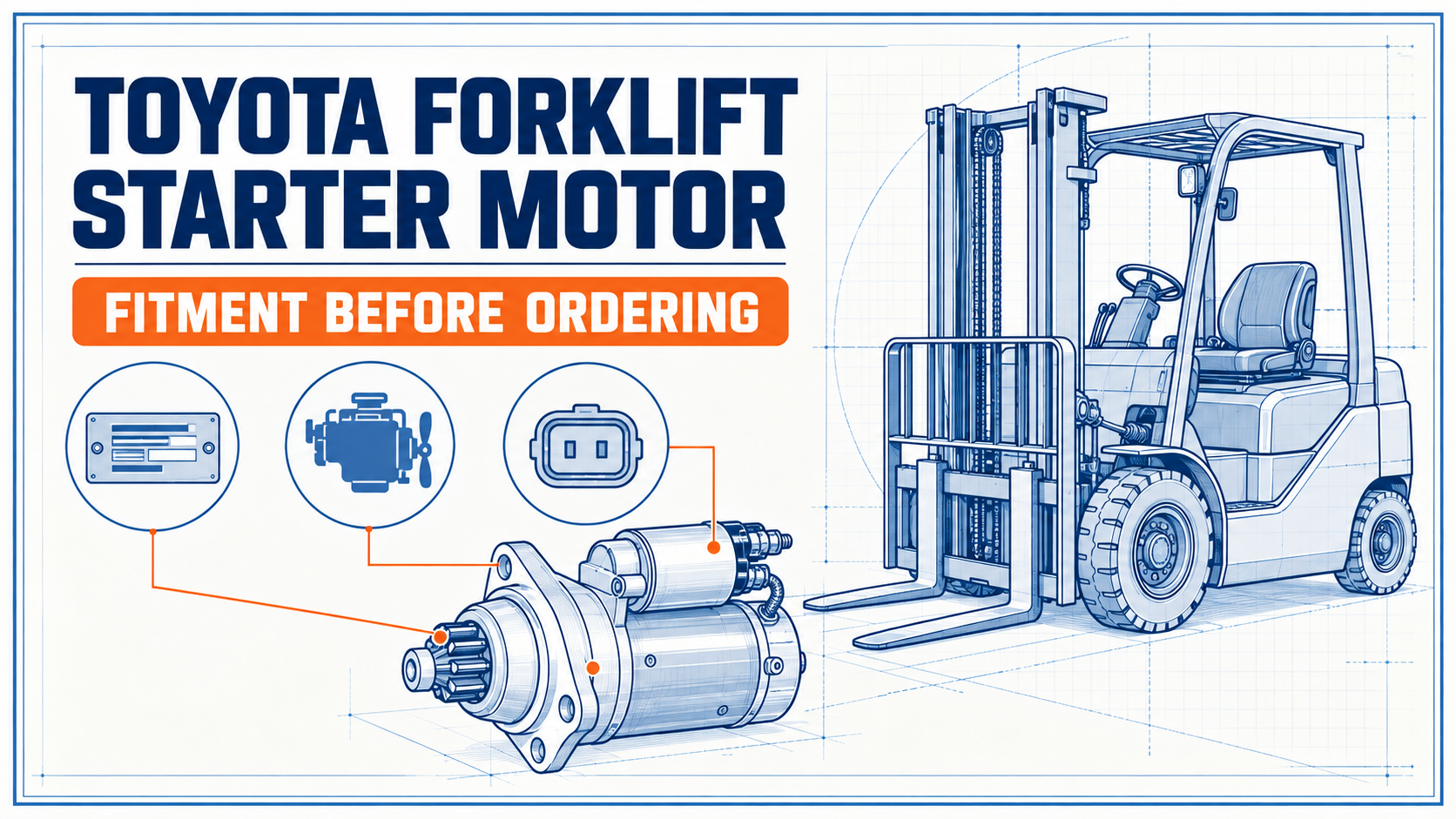 Toyota forklift starter motor fitment infographic with forklift, starter schematic, and model serial evidence icons