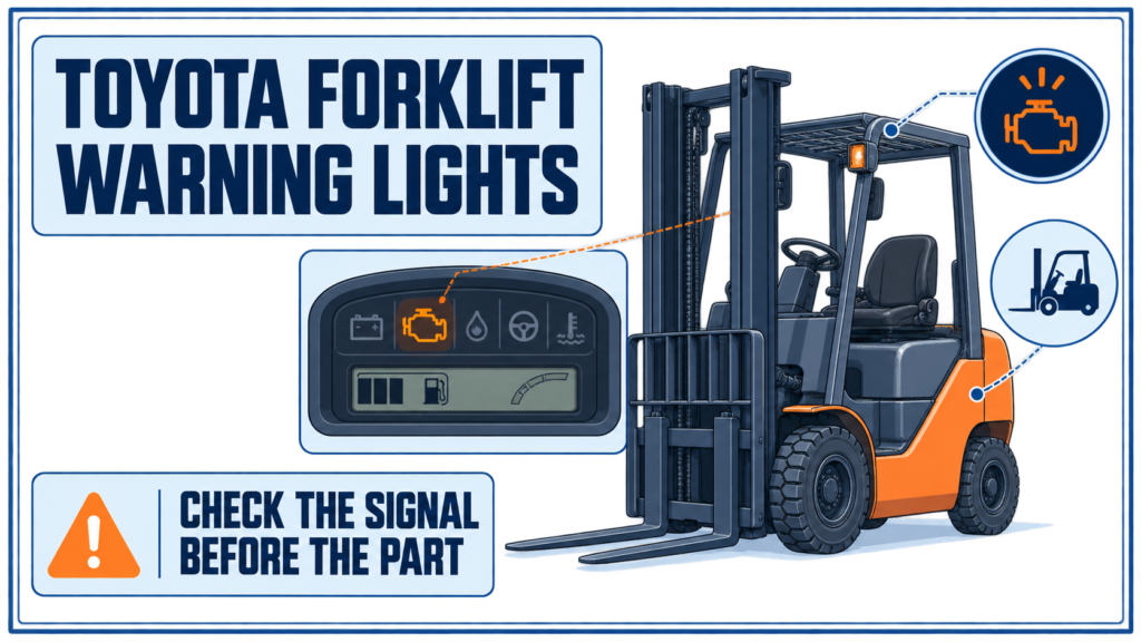 Toyota forklift warning lights infographic with a dashboard signal and first-check callouts