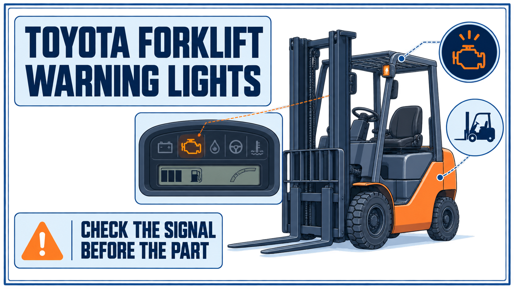 Toyota forklift warning lights infographic with a dashboard signal and first-check callouts