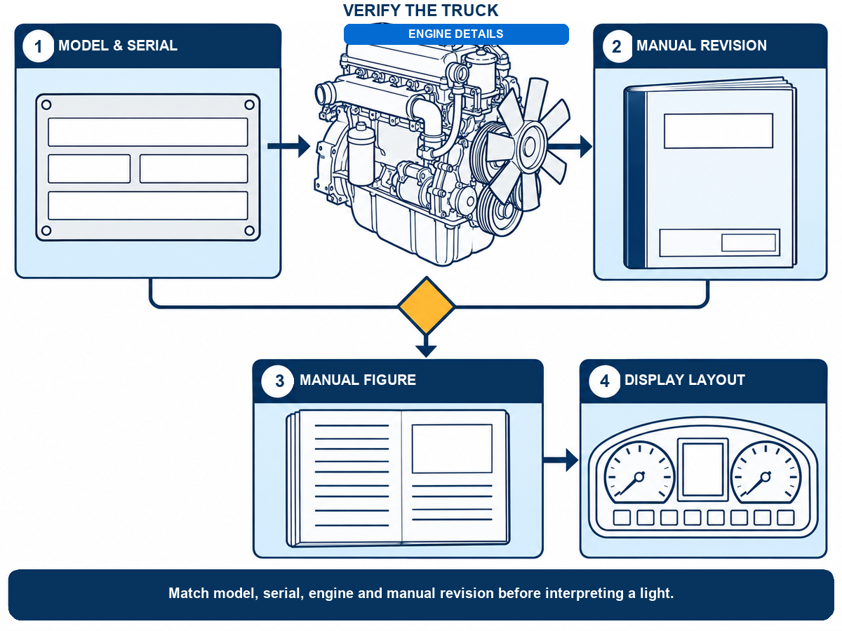 HELI forklift warning light symbols lookup starts with model and serial details, engine information, the manual revision, the figure, and the display layout.