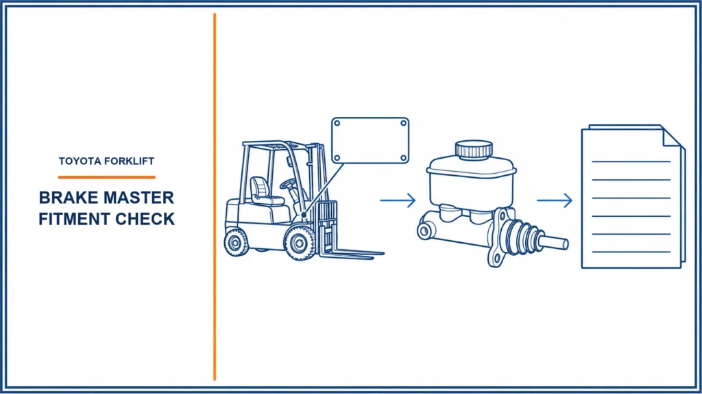 Blue infographic showing a generic forklift brake master cylinder, truck ID plate, old-part evidence, and supplier fitment check.